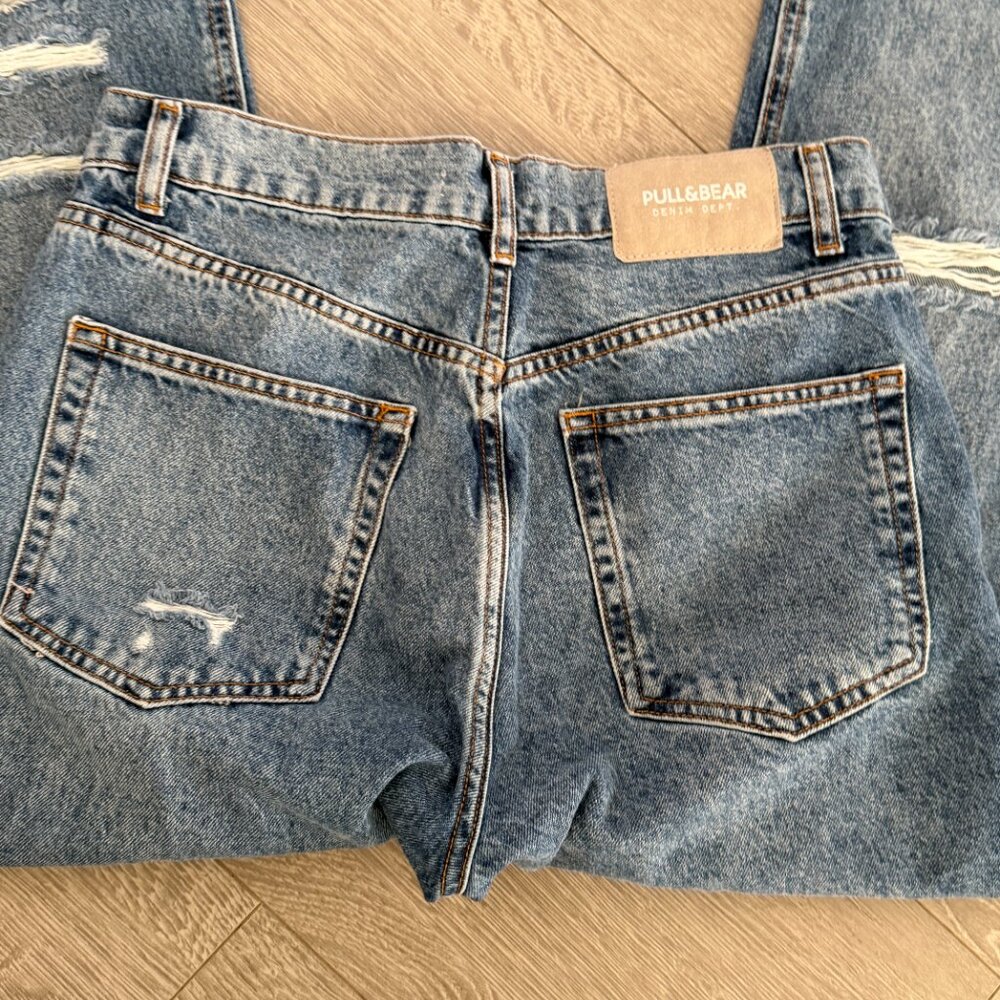 Pull & Bear Distressed Straight Leg Jeans Size 8 Raw Hem Blue Denim Women - Picture 6 of 6